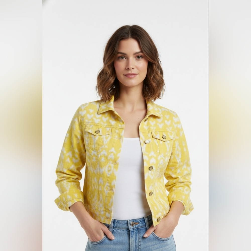 DG2 Diane Gilman Jacket Denim Yellow Aztec Southwestern Festival Trucker XS